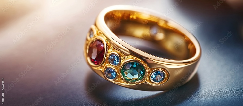 Poster gold ring with colorful gems close up on a blurred background featuring warm golden tones and highli
