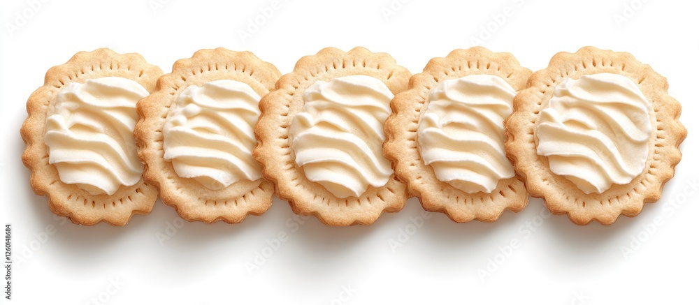 Poster festive sugar cookies with icing arranged in a row on a white background, showcasing a cheerful and 
