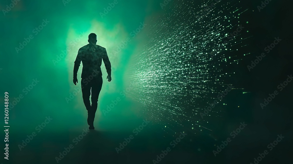 Poster a silhouette of a man walks through a mystical green haze, surrounded by sparkling particles, creati