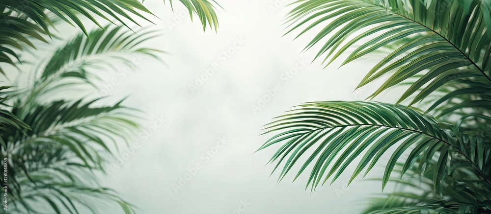 Poster lush green palm leaves framing a serene tropical beach background with soft hazy light creating a tr