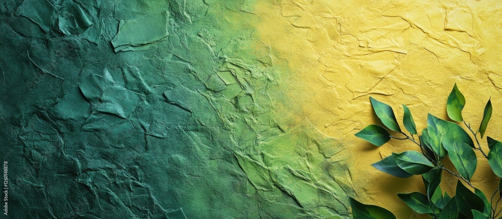 Poster textured green and yellow japanese paper with leafy accents positioned at the bottom right corner cr