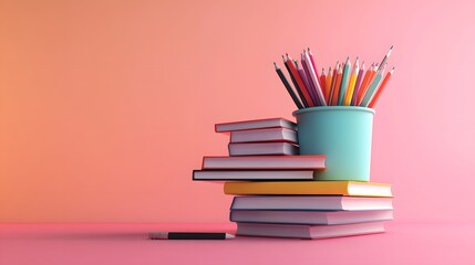 a pile of books and pencils with a cup of pencils on top
