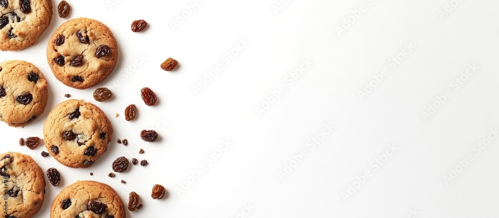 Poster golden brown cookies with chocolate chips and raisins scattered on a clean white background, creatin