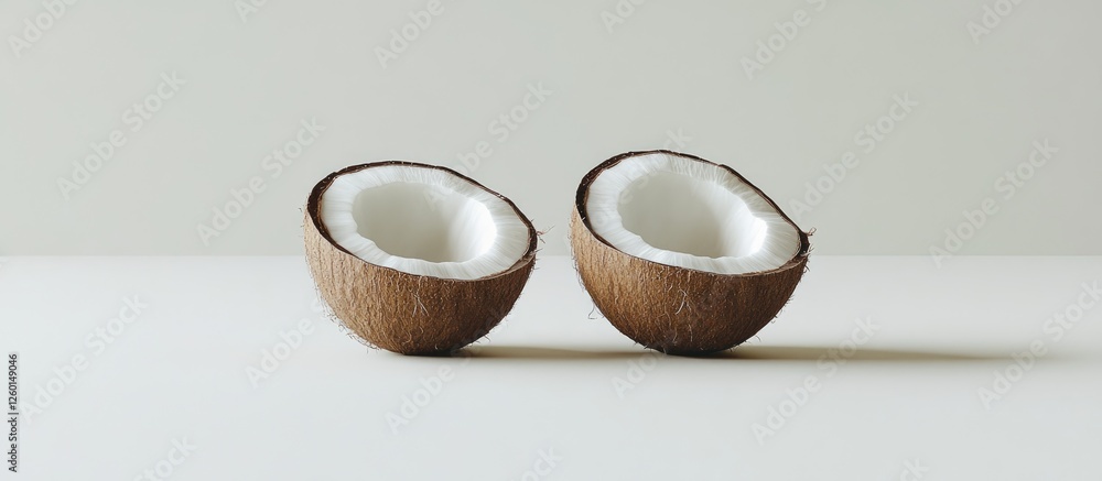 Poster halved coconut shells placed symmetrically on a minimalistic white background, showcasing their natu