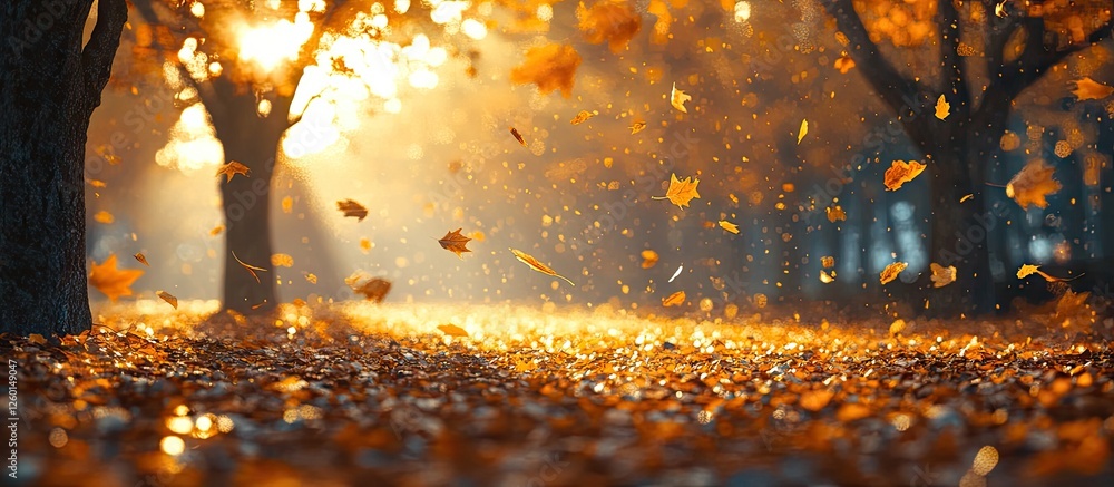 Aufkleber autumn park scene with golden leaves falling from trees sunlight filtering through branches against 