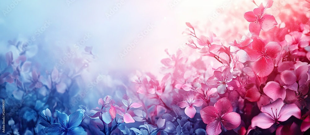 Poster spring floral field with pink and blue blossoms on the left transitioning to a soft sunlit backgroun