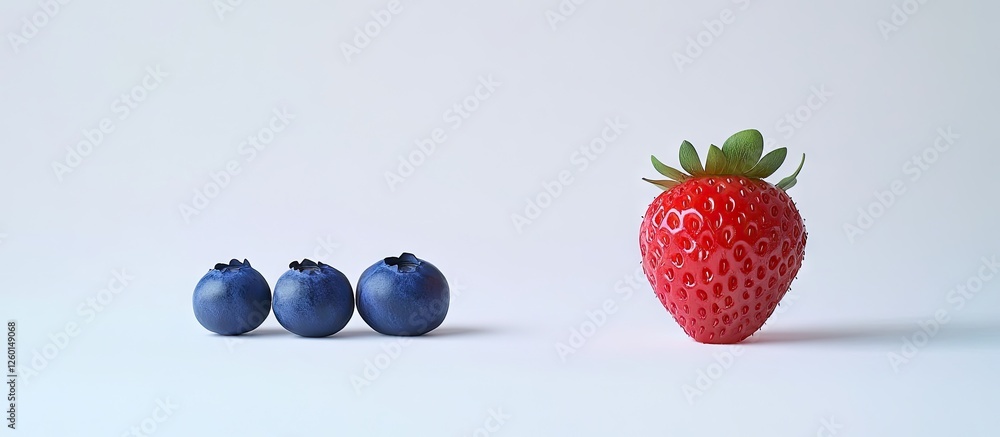 Poster fresh red strawberry positioned on the right next to three dark blue blueberries on a light gray bac