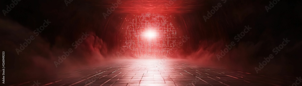 Poster a dimly lit corridor with a bright red light at the end, creating a mysterious and intense atmospher