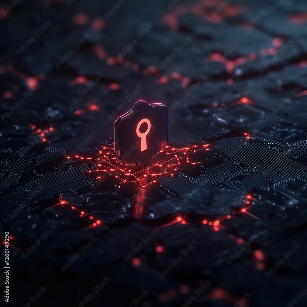 Poster a glowing lock icon surrounded by a dark, textured background, representing cybersecurity and data p