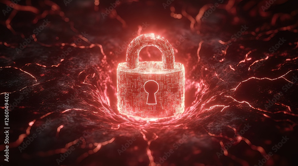 Poster a glowing red digital lock surrounded by energy waves, symbolizing cybersecurity and data protection