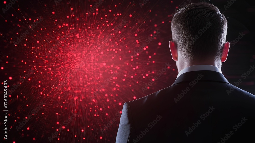 Poster a man in a suit stands before a backdrop of red particles, creating a dramatic and mysterious atmosp