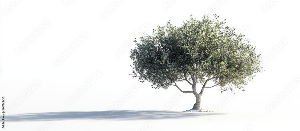 Poster isolated green tree on white background with soft shadows right of the trunk showcasing its natural 