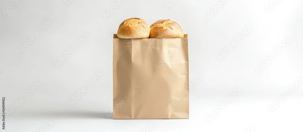 Poster freshly baked bread loaves peeking out from a brown kraft paper bag centered on a bright white backg