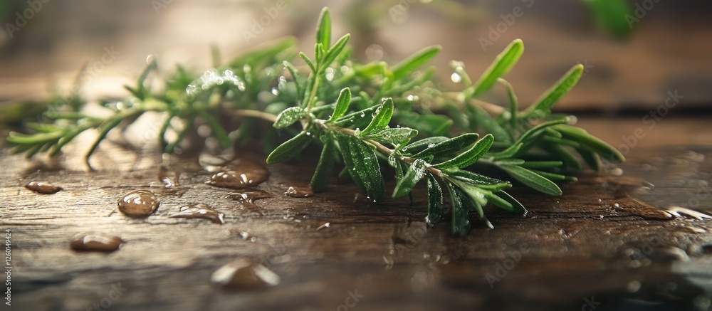 Aufkleber fresh rosemary sprig with water droplets resting on a rustic wooden surface illuminated by soft ligh