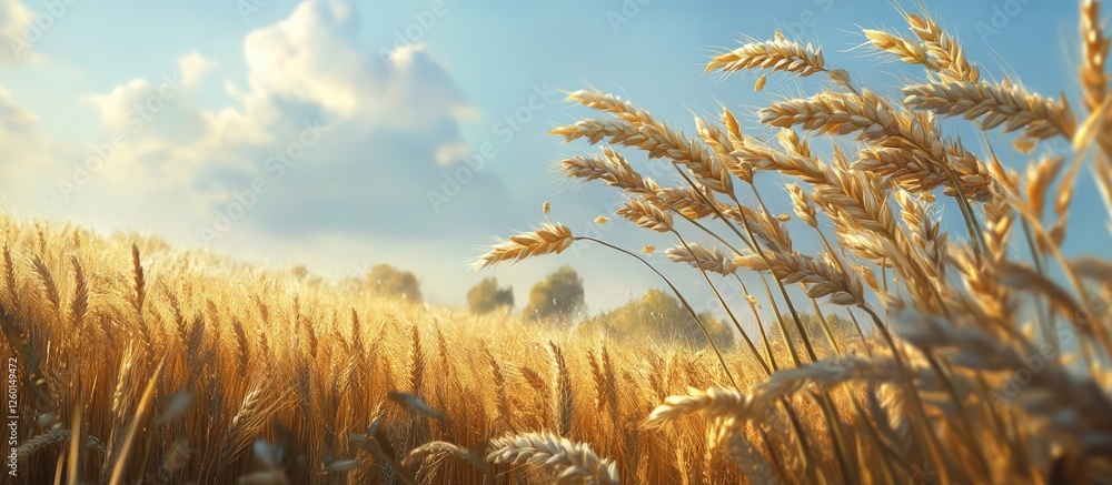 Poster golden wheat field under a bright blue sky with fluffy white clouds in the background, showcasing ge