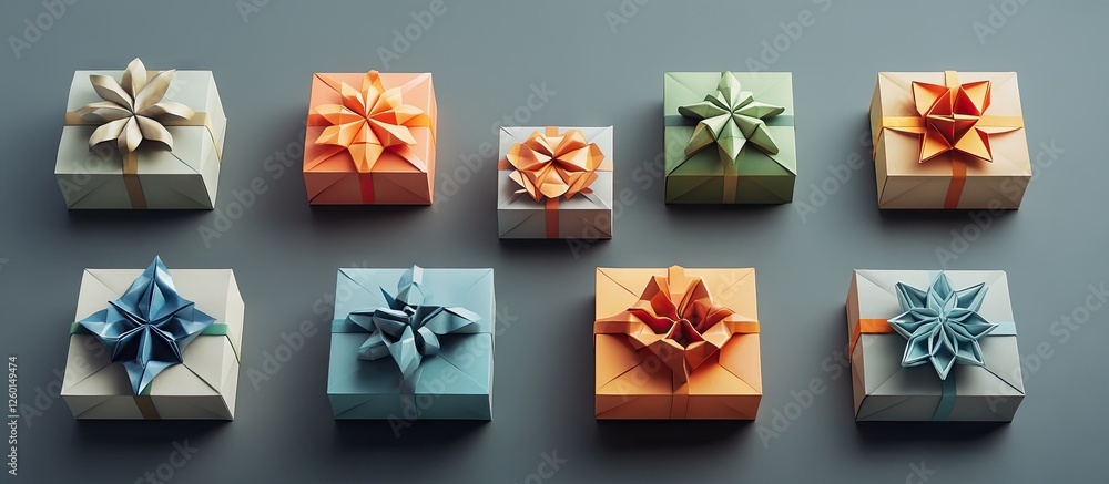 Poster colorful gift boxes with origami bows arranged in a grid on a grey background showcasing pastel tone