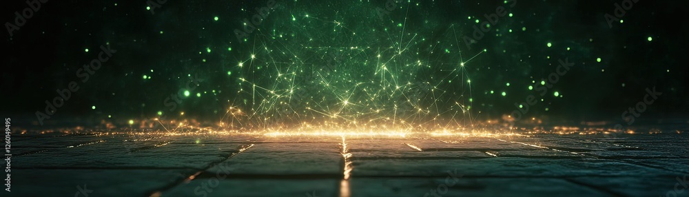 Poster a mesmerizing scene of glowing particles against a dark green background, creating an enchanting atm