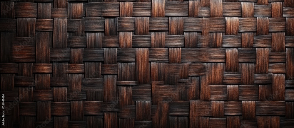 Poster Woven bamboo texture background featuring rich brown tones with intricate patterns arranged horizontally and vertically creating a natural design.