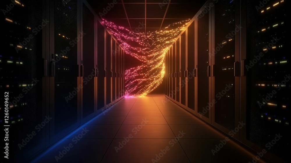 Poster a digital corridor of servers illuminated by colorful light trails, representing data flow and techn