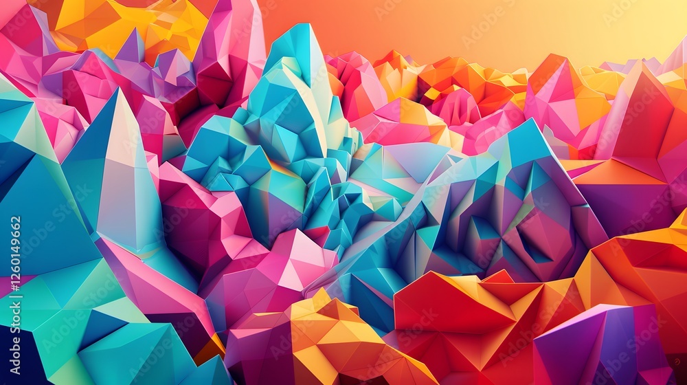 Aufkleber a colorful abstract painting of a mountain range with many different colored triangles