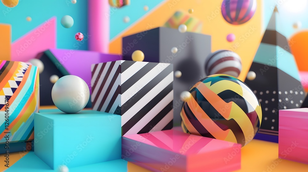 Poster a colorful background with a variety of geometric shapes and objects