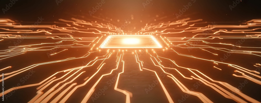 Poster a glowing microchip surrounded by intricate circuitry emits light, representing advanced technology 