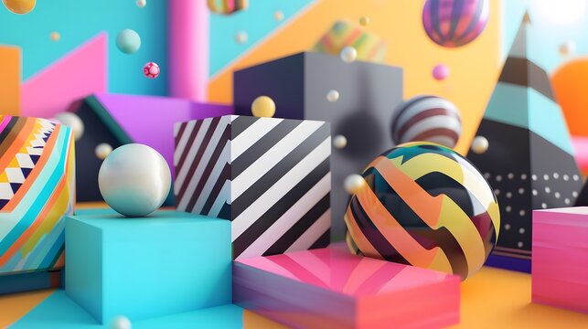 a colorful background with a variety of geometric shapes and objects