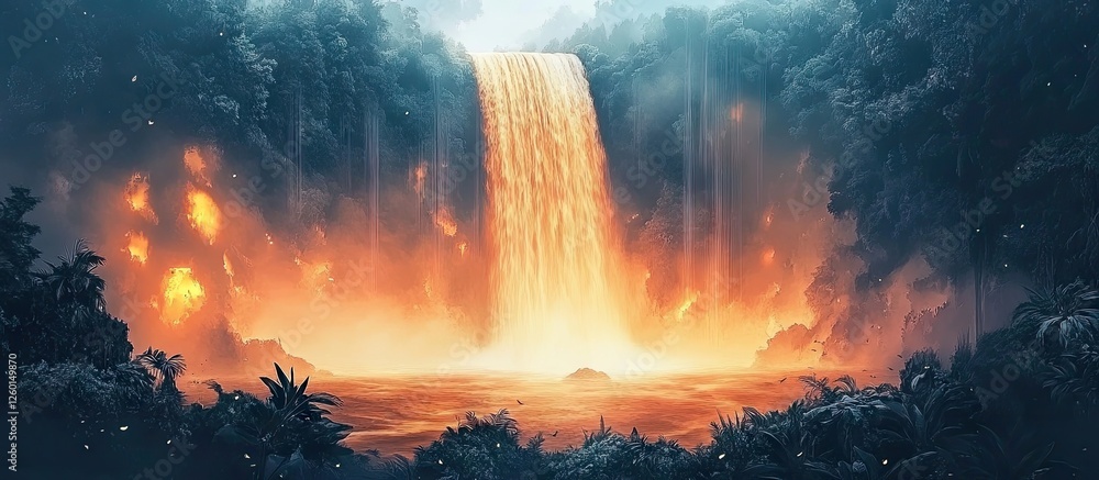 Poster majestic waterfall cascading down lush green cliffs illuminated by a vibrant orange glow with dense 