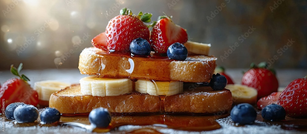 Poster french cinnamon toast stack topped with blueberries, raspberries, and banana drizzled with maple syr