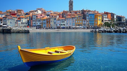 Obraz premium Yellow Boat in Front of Colorful Coastal Town