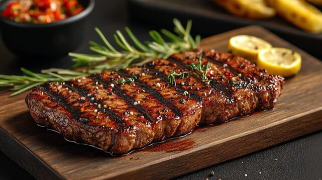 Grilled Steak on Wooden Board: An inviting overhead shot captures perfectly grilled steaks on a wooden board. The steaks are accompanied by fresh rosemary sprigs, lemon wedges.
