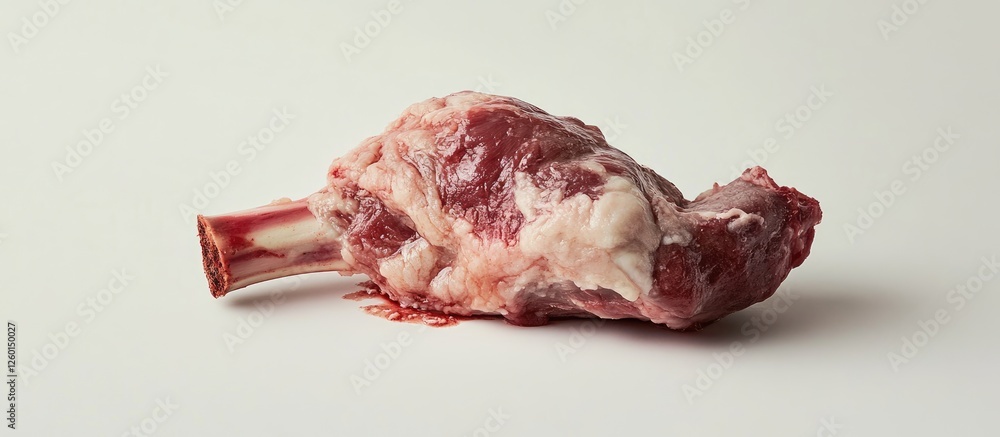 Aufkleber Raw lamb shank resting on a plain white background emphasizing its rich textures and natural color variations with intricate details visible.