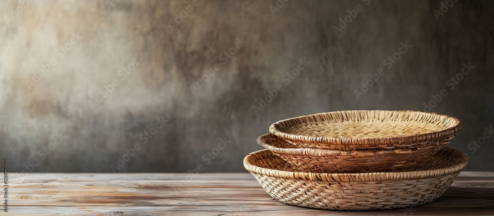 Poster handcrafted woven bamboo and rattan plates stacked on a rustic wooden surface featuring warm brown t