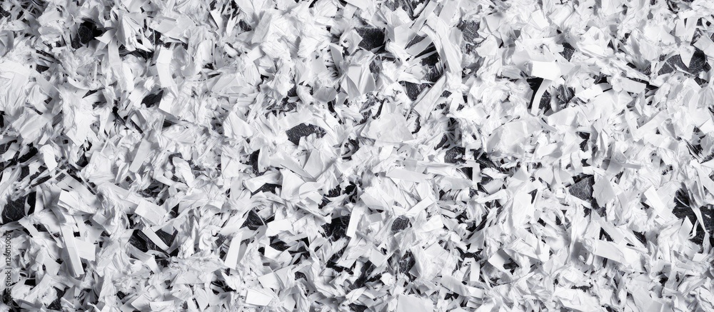 Poster background texture of shredded white recycled office paper in a piled arrangement showcasing various