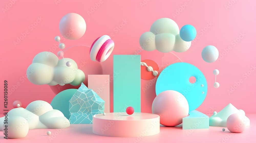 Poster a bunch of different shapes and objects on a pink background