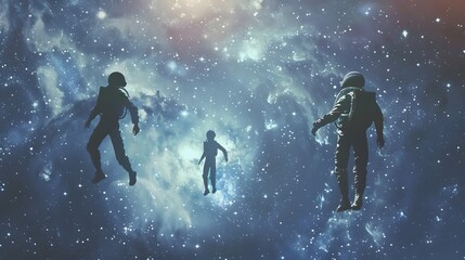 three people floating in the sky with stars and planets around them