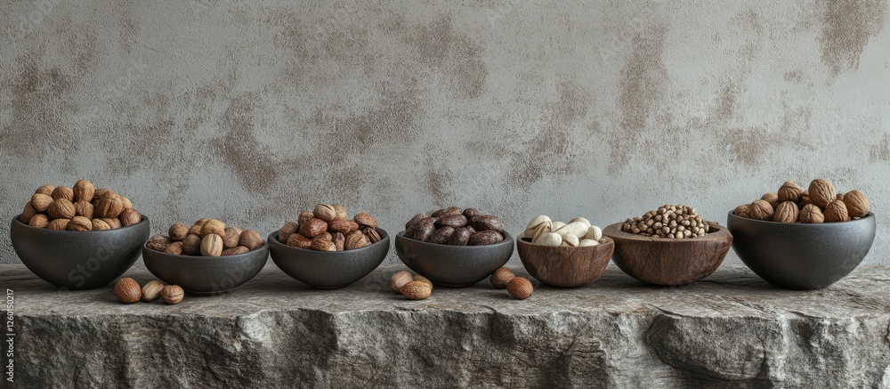 Poster Assorted nuts in various dark bowls placed in a row on a textured stone table against a rustic background with gray tones