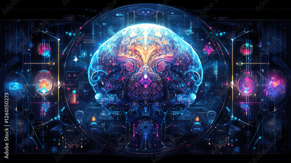 Poster abstract digital brain network: glowing neon geometric pattern in dark space