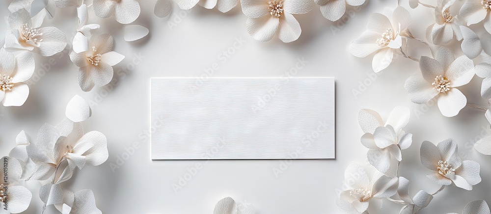 Poster elegant flat lay of white paper flowers surrounding a blank greeting card on a soft white background