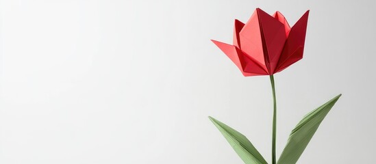 Red origami tulip with green leaves positioned to the left against a bright white background showcasing intricate paper folding details.