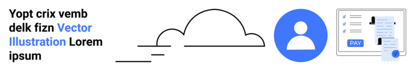 Cloud outline, blue user circle, and document interface with profile details emphasize data access, identity, and creation. Ideal for networking, storage, accounts, apps media and abstract line