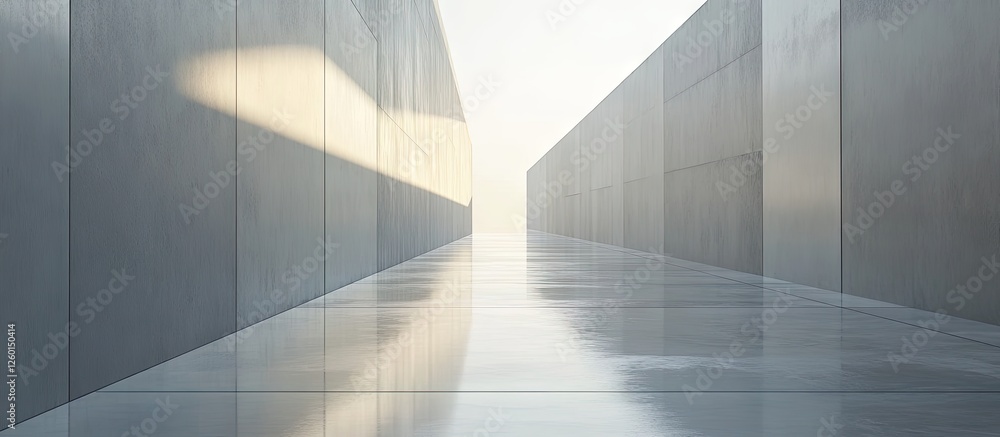 Poster modern minimalistic corridor with smooth reflective surfaces, soft gray tones, and bright light eman