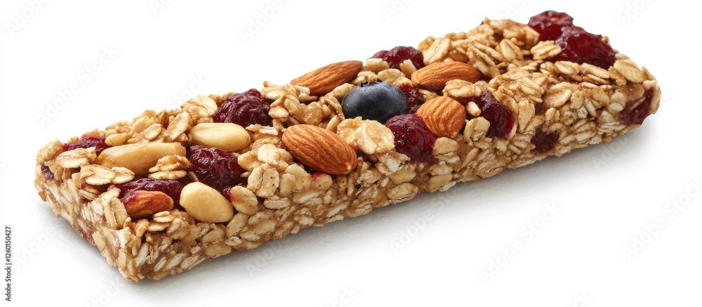 Poster Granola bar with mixed nuts and fruits highlighted on a white stone table in a top view. Earthy tones with golden oats and colorful berries.