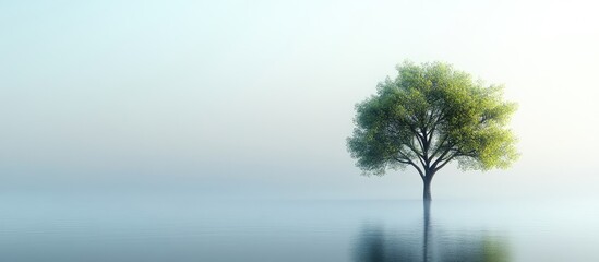 Lone green deciduous tree with soft leaves on serene misty background reflected in water creating tranquil atmosphere and peaceful composition