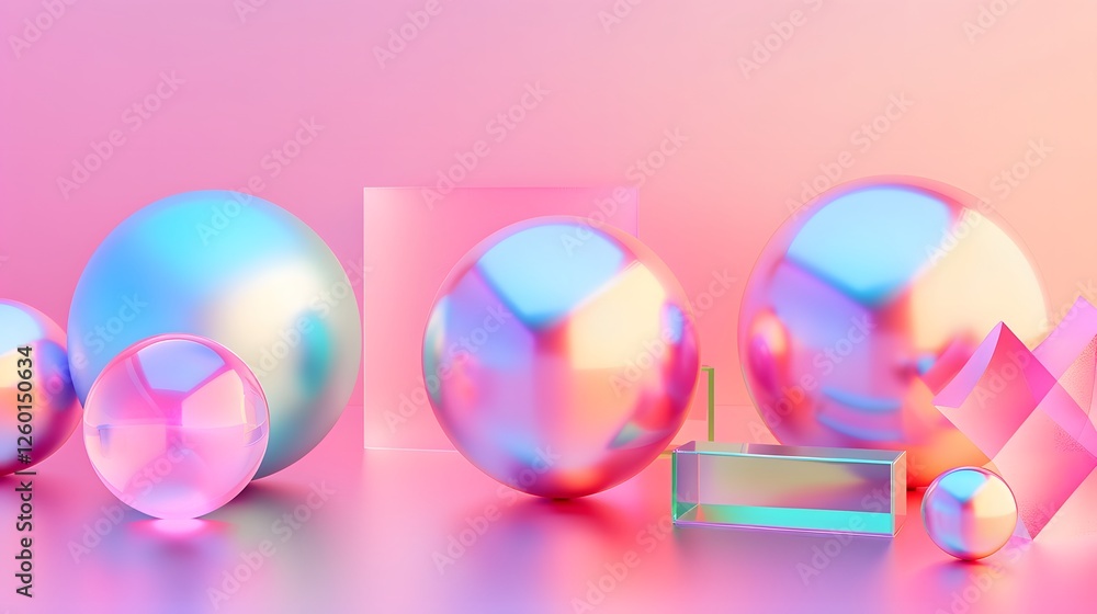 Poster a group of shiny objects on a pink background with a pink background