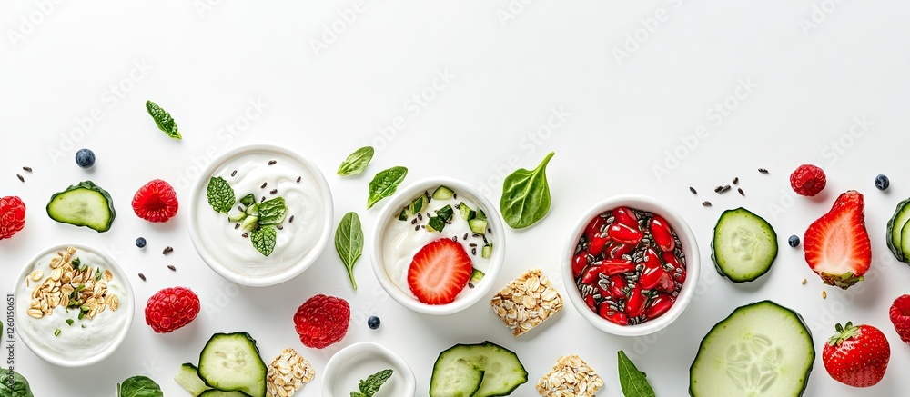 Poster healthy snack assortment featuring yogurt cups and fresh mixed vegetables on a clean white backgroun