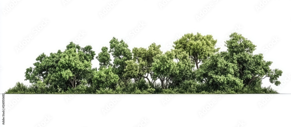 Poster lush green trees with varied foliage in summer, positioned centrally against a pure white background