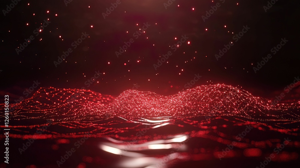 Aufkleber a mesmerizing red liquid landscape with shimmering particles floating, creating an ethereal, abstrac