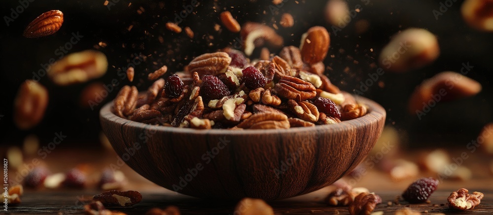 Poster assorted nuts and dried fruits floating above a rustic wooden bowl on a dark background, showcasing 