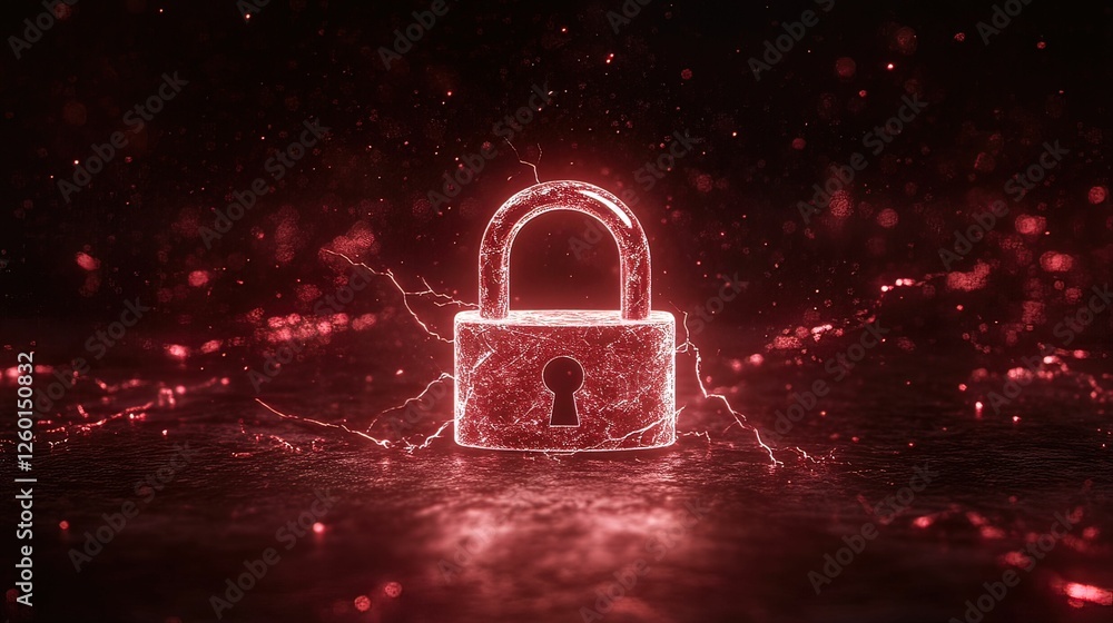 Poster a glowing red padlock with digital elements against a dark background, symbolizing security and prot